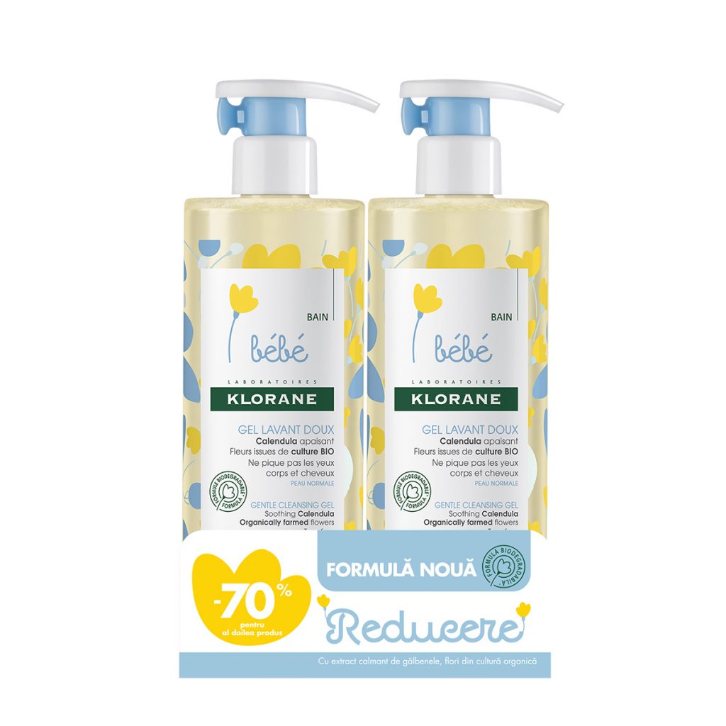 Pachet Gel spumant pentru par si corp, Klorane Bebe, 2x500 ml