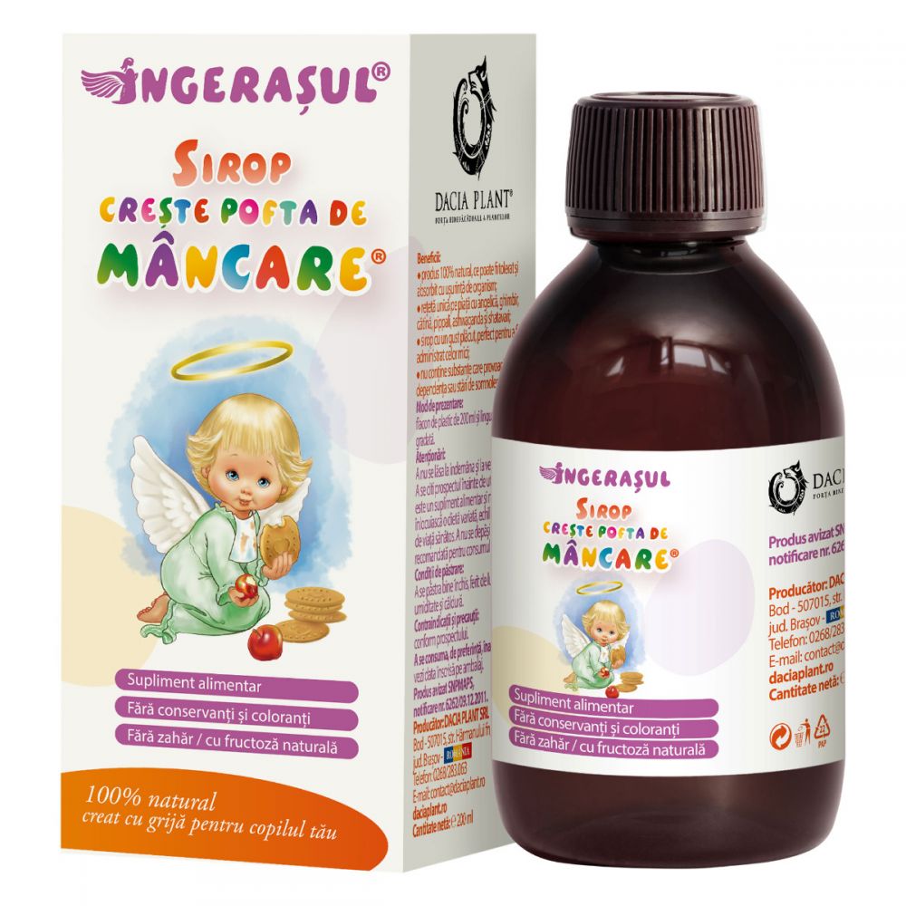Sirop Creste Pofta de Mancare, Ingerasul Dacia Plant, Supliment Alimentar pentru Stimularea Poftei de Mancare, 200 ml