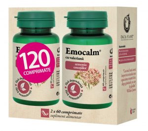 Pachet Emocalm cu Valeriana, Dacia Plant, Supliment Alimentar pentru Anxietate, Depresie, Stres si Atacuri de Panica, 2x60 comprimate