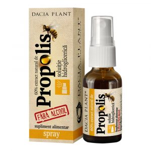 Tinctura Propolis Fara Alcool, Spray, Dacia Plant, Supliment Alimentar cu Efect Antiseptic, Antibacterian, Cicatrizant si Regenerativ Epitelial, 20 ml