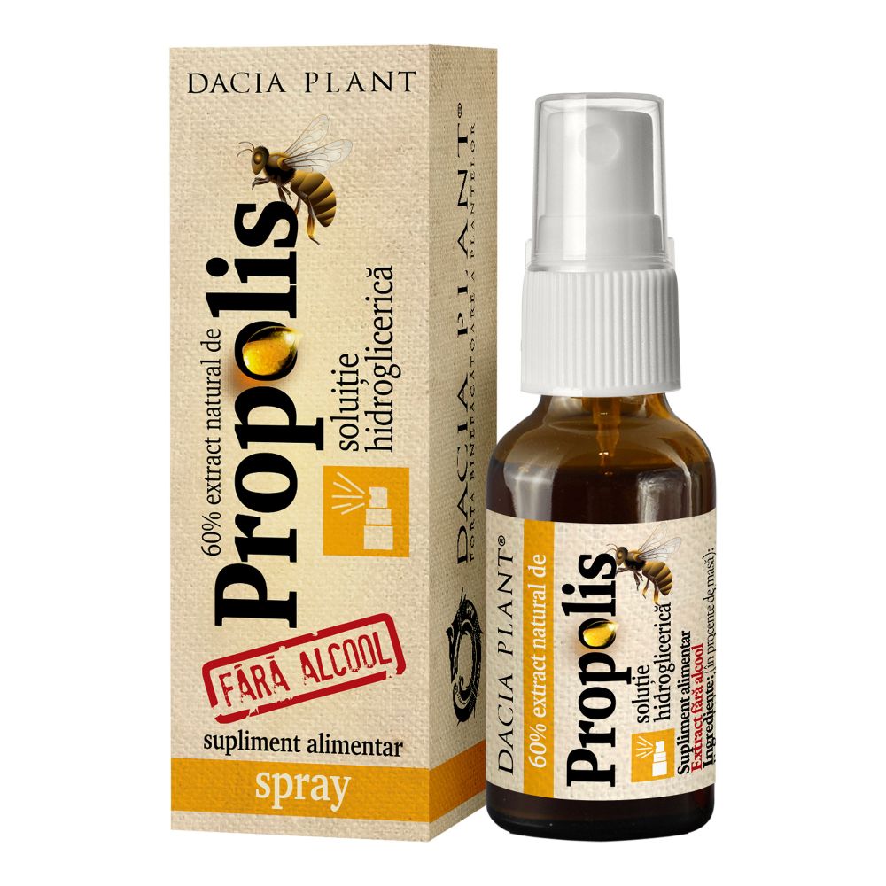 Tinctura Propolis Fara Alcool, Spray, Dacia Plant, Supliment Alimentar cu Efect Antiseptic, Antibacterian, Cicatrizant si Regenerativ Epitelial, 20 ml