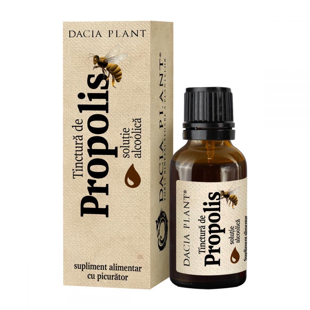 Tinctura Propolis, Dacia Plant, Supliment Alimentar cu Efect Antiseptic, Antibacterian, Cicatrizant si Regenerativ Epitelial, 20 ml