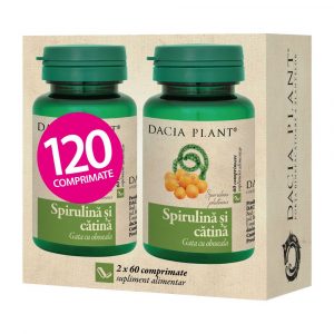 Pachet Spirulina si Catina Gata cu Oboseala, Dacia Plant, Supliment Alimentar recomandat pentru Procesul de Remineralizare si Vitaminizare al Organismului, 2x60 comprimate