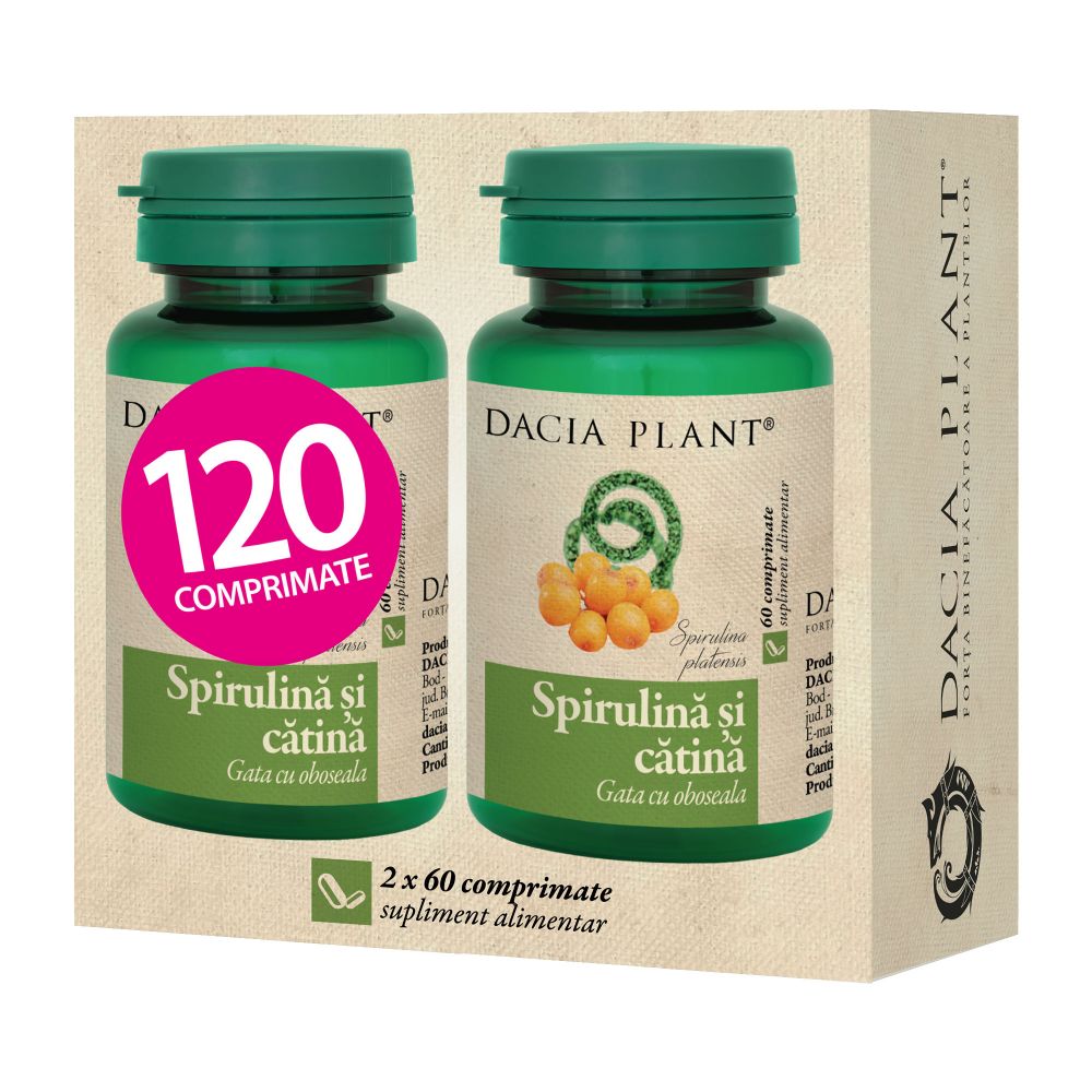 Pachet Spirulina si Catina Gata cu Oboseala, Dacia Plant, Supliment Alimentar recomandat pentru Procesul de Remineralizare si Vitaminizare al Organismului, 2x60 comprimate