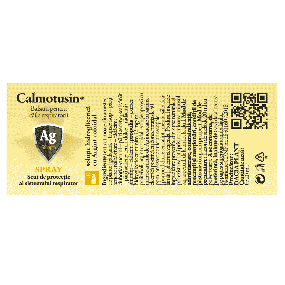 Calmotusin spray cu argint coloidal, fara alcool, 20ml, Dacia Plant - imagine 2