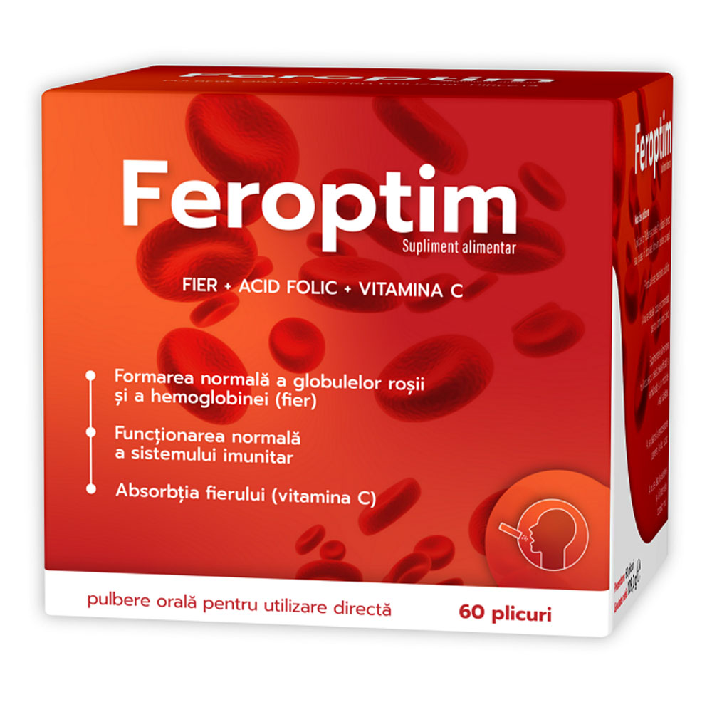 Feroptim cu Vitamina C, fier si acid folic, 60 plicuri