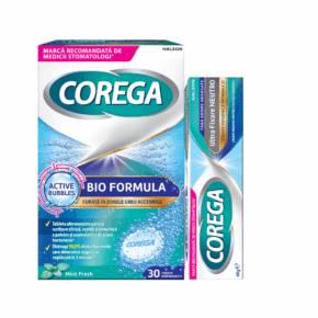 Pachet promo Corega: Adeziv pentru proteza, Neutro 40 g + Tablete efervescente Bio Formula, 30 tablete
