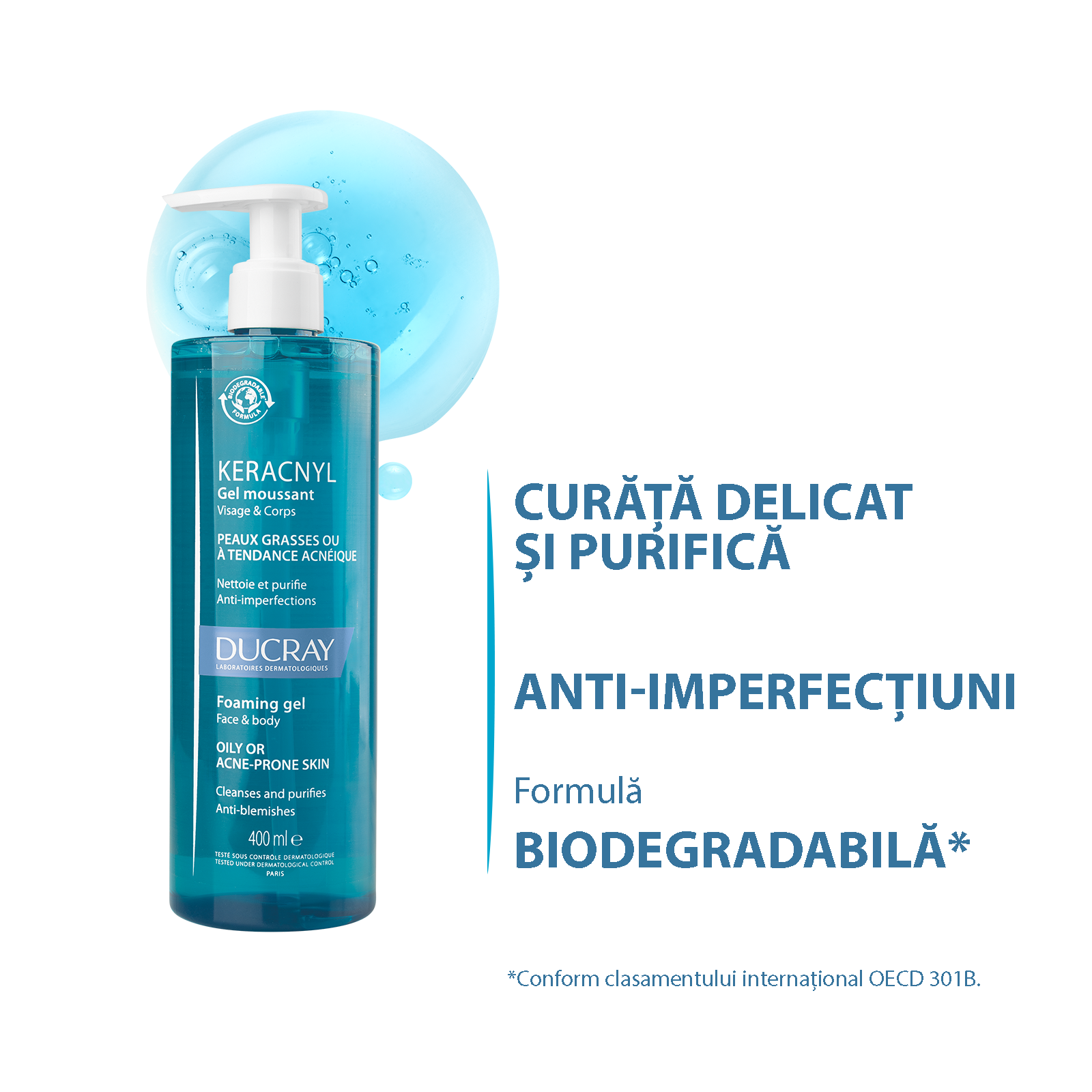 Gel spumant de curatare pentru pielea cu tendinta acneica Keracnyl, 400 ml, Ducray - imagine 2