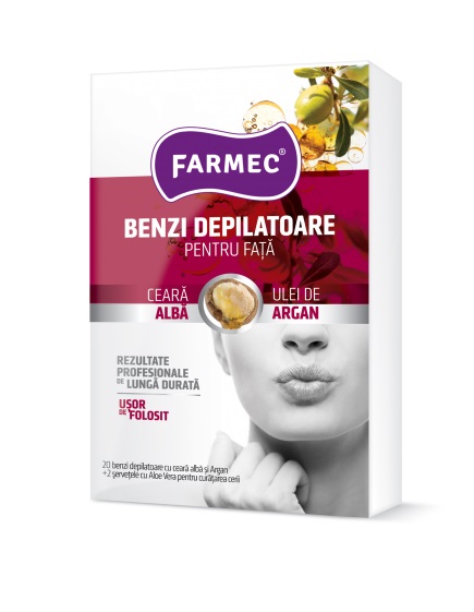 Benzi Depilatoare pentru Fata cu Ceara Alba si Ulei de Argan, Farmec, 20 benzi