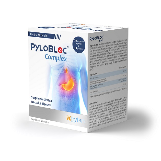 Supliment alimentar ,Pylobloc Complex ,sustine sanatatea tractului digestiv, 20 de capsule si 14 plicuri, Hyllan