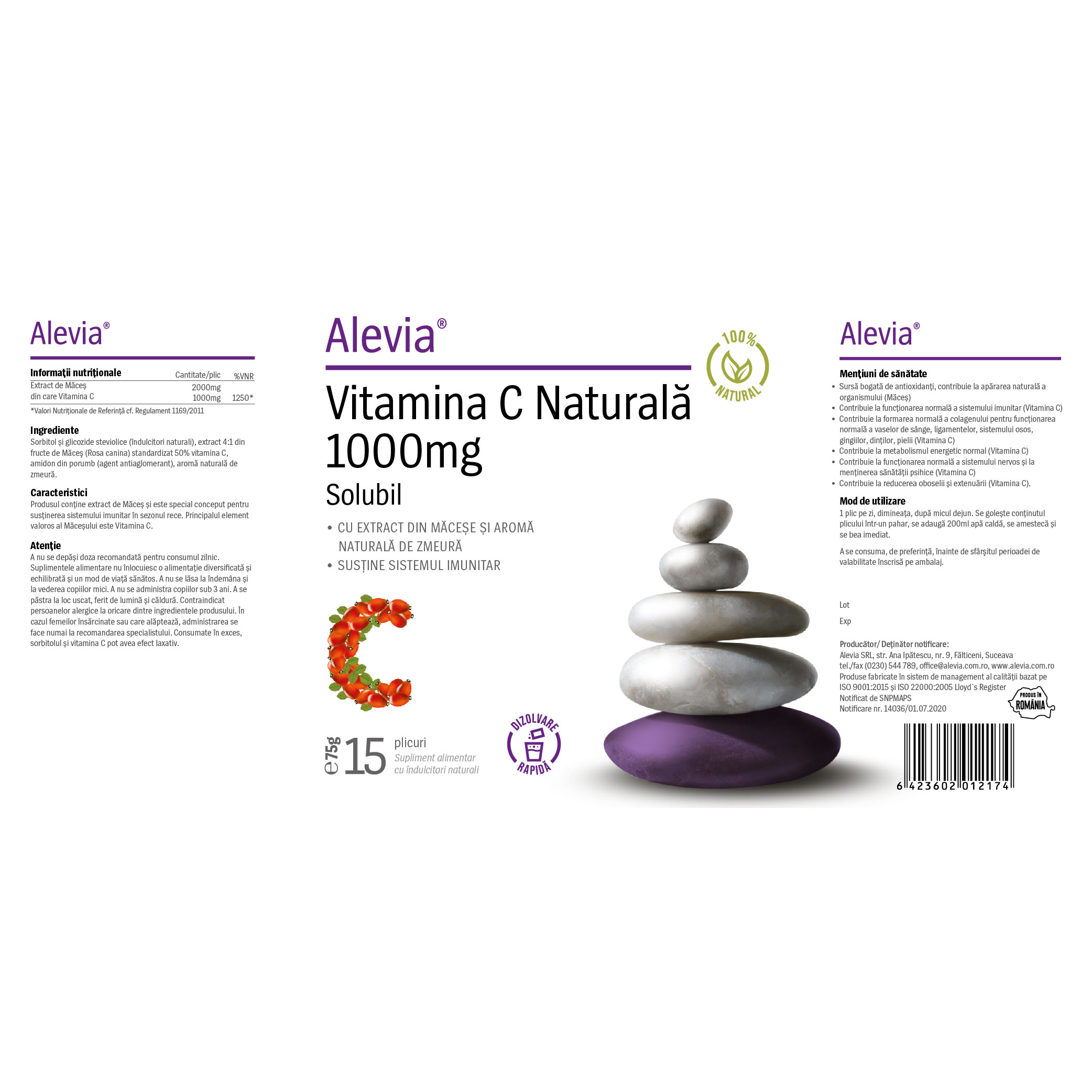Vitamina C 1000 mg extract natural din macese, 15 plicuri, Alevia