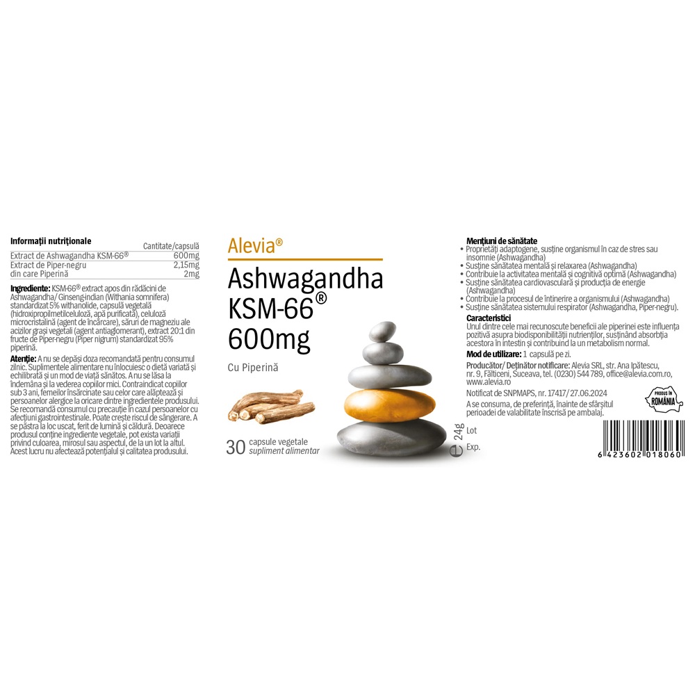 Ashwagandha KSM-66, 600mg, 30 capsule vegetale, Alevia - imagine 2