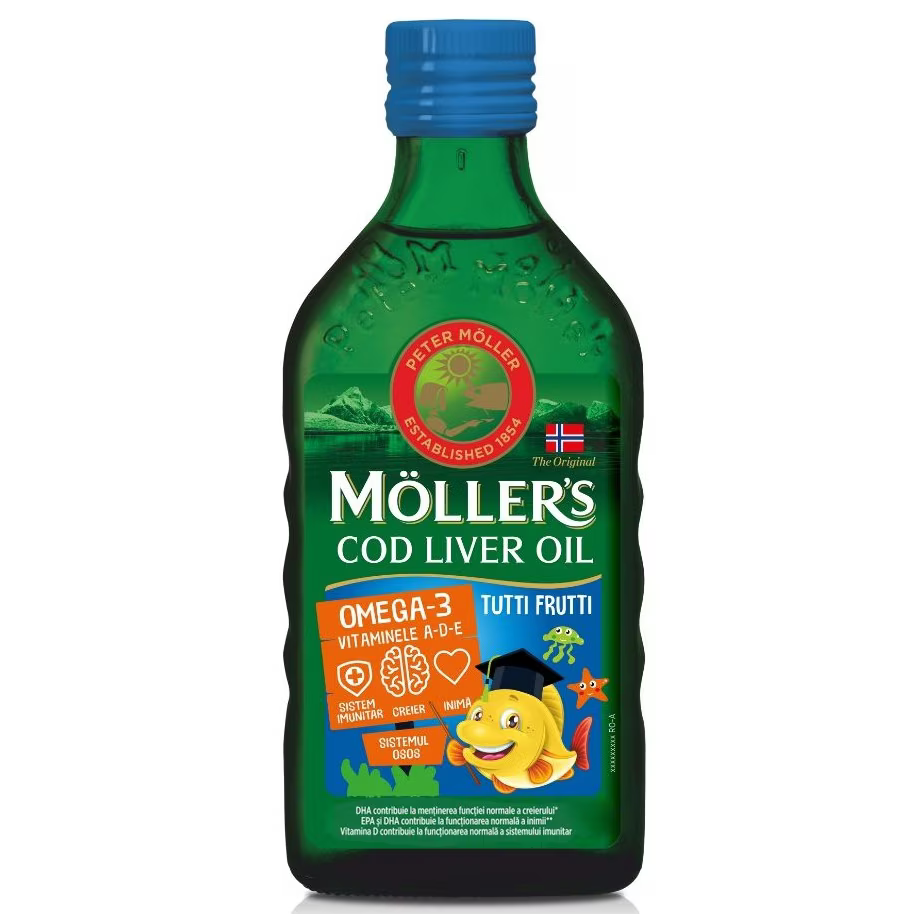 Ulei din ficat de cod cu aroma de Tutti Frutti pentru copii, 250ml, Moller's