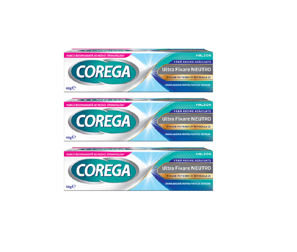 Pachet: Crema adeziva pentru proteza dentara Corega Ultra Fixare Neutro, 40 g x 3 bucati